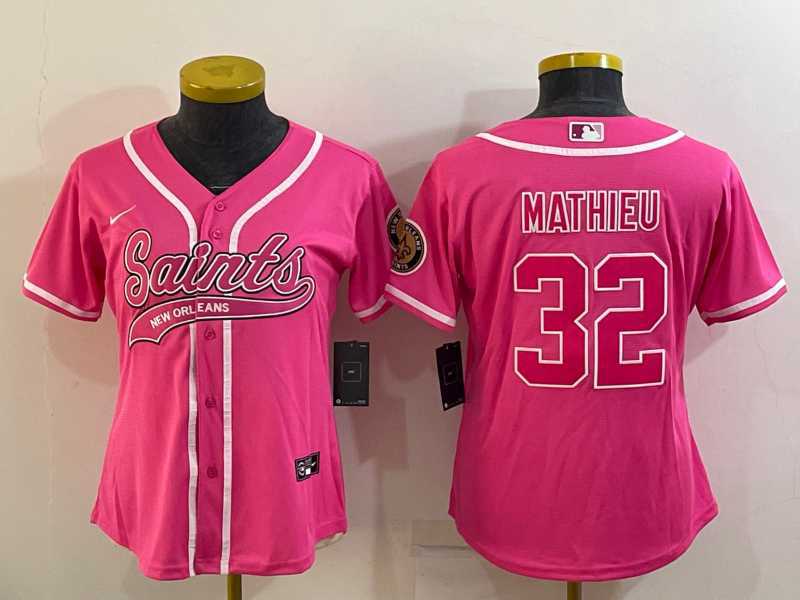 Womens New Orleans Saints #32 Tyrann Mathieu Pink With Patch Cool Base Stitched Baseball Jersey->women nfl jersey->Women Jersey